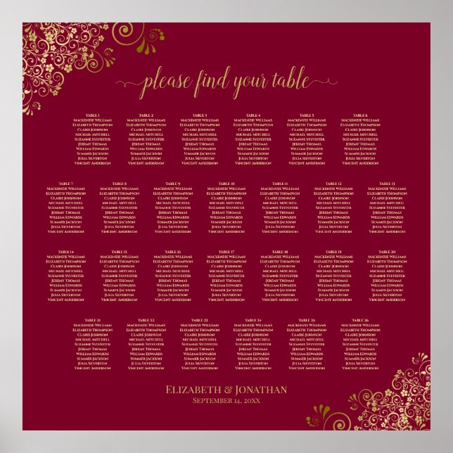 26 Tabelle Burgundy und Gold Hochzeitskarte Poster (Vorne)