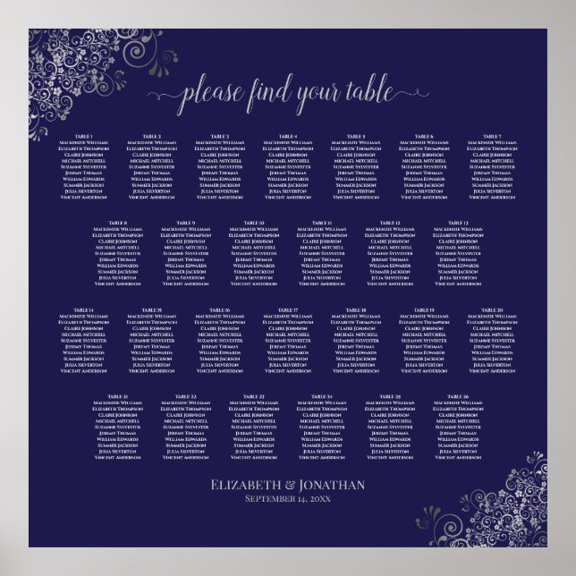 26 Tabelle Hochzeitsstühle Silber auf Navy Blue Poster (Vorne)