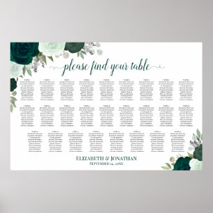 26-Tisch-Hochzeits-Sitzplan Emerald Boho Rosen Poster