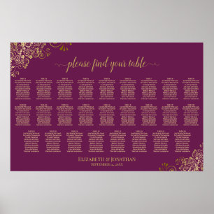 26 Tische Hochzeits-Sitzplan Magenta Pflaume & Gol Poster