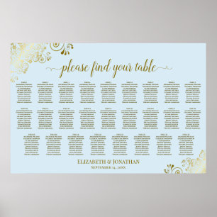 26 Tische Hochzeits-Sitzplan Puderblau & Gold Poster