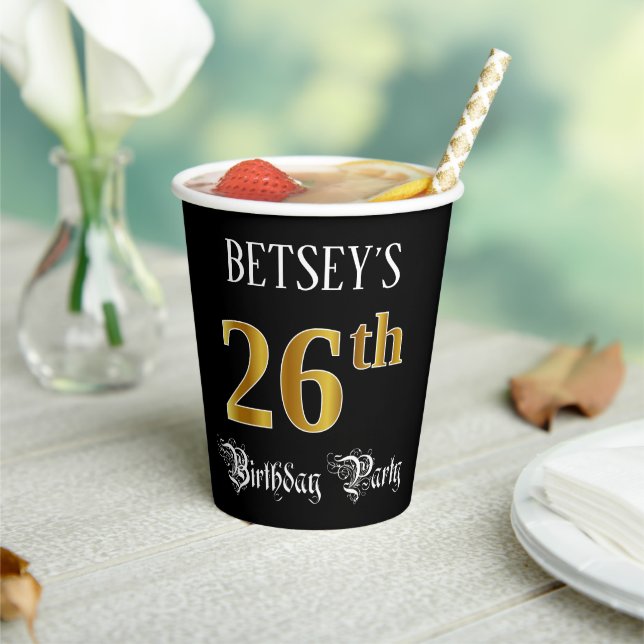 26th Birthday Party — Fancy Script, Faux Gold Look Pappbecher (In Situ)