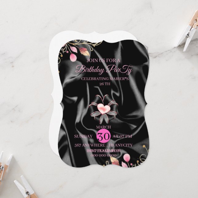 26th Luxury Pink and Gold Birthday Invitation with Einladung (Vorderseite/Rückseite Beispiel)