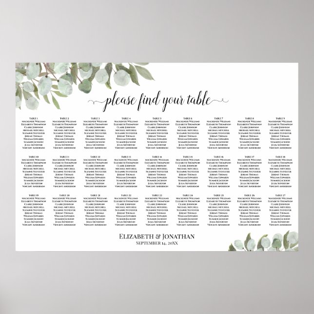 27 Eukalyptus-Blätter Hochzeitsdiagramm Poster (Vorne)