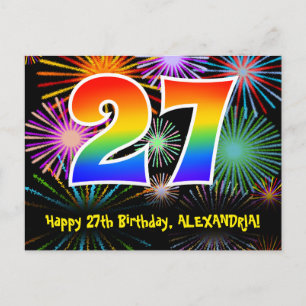 27. Geburtstag - Fun Fireworks Pattern + Regenboge Postkarte