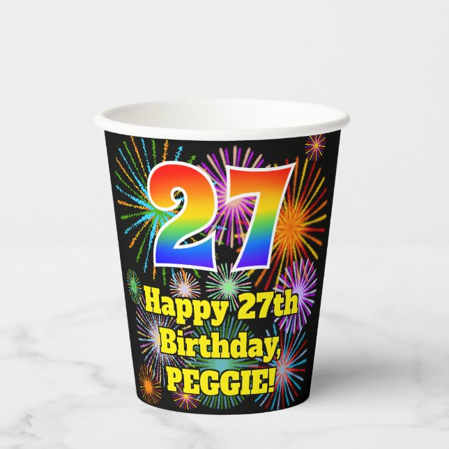 27. Geburtstag: Fun Fireworks Pattern + Regenbogen Pappbecher (Vorderseite)