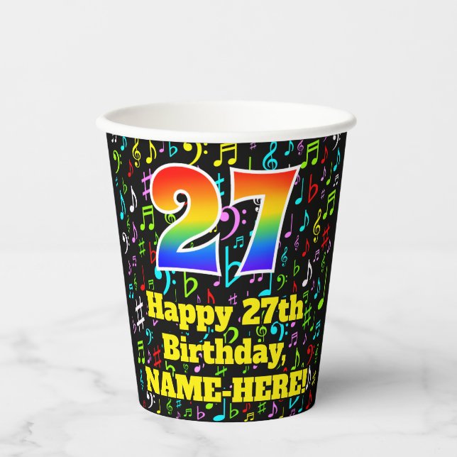 27. Geburtstag: Fun Musiknotens Pattern, Regenboge Pappbecher (Vorderseite)