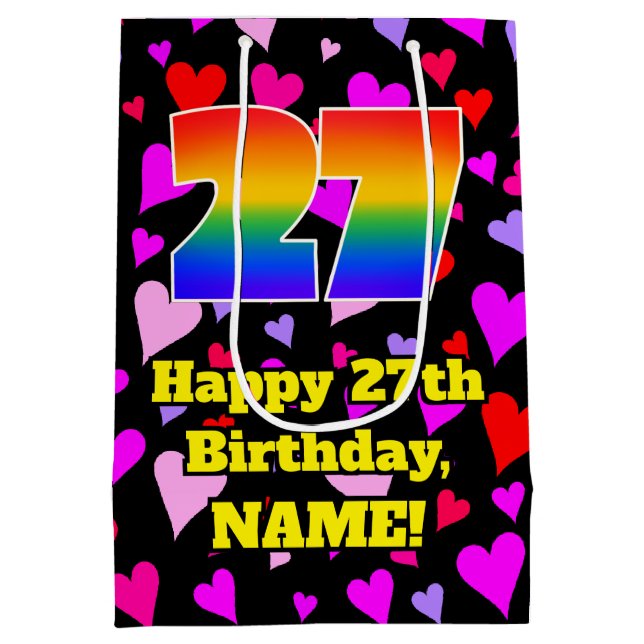 27. Geburtstag: Loving Hearts Pattern, Regenbogen  Mittlere Geschenktüte (Rückseite)