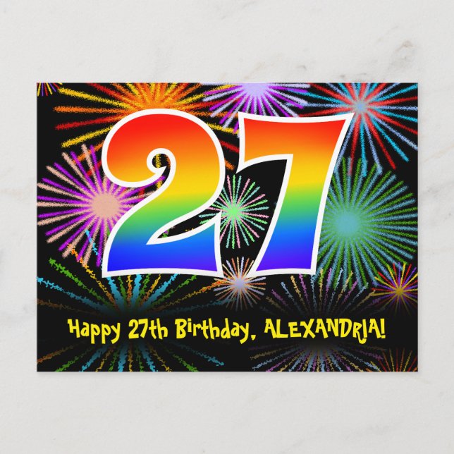 27. Geburtstag – Lustiges Feuerwerk Muster + Regen Postkarte (Vorderseite)