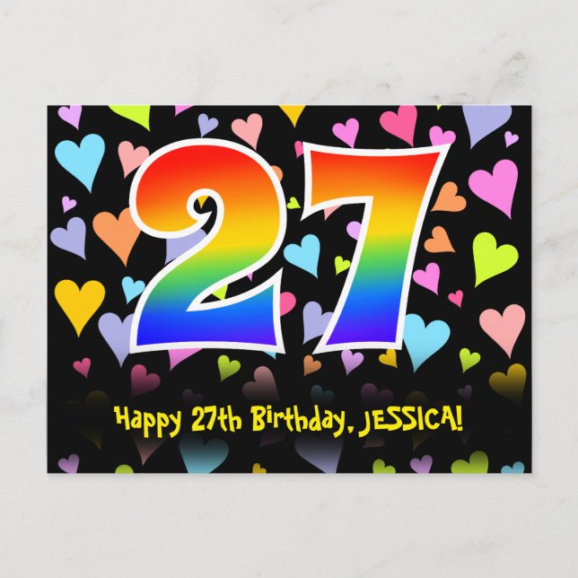 27. Geburtstag: Lustiges Herzen-Muster, Regenbogen Postkarte (Vorderseite)