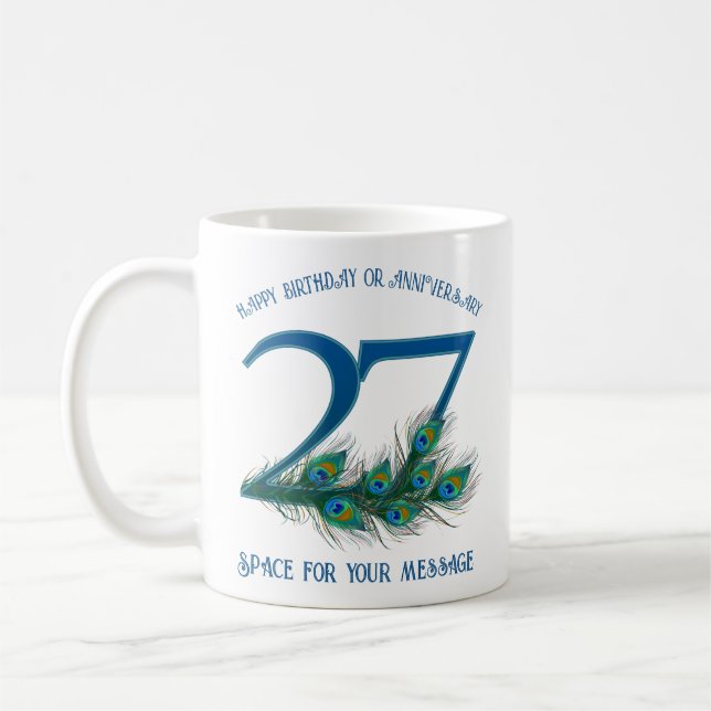 27. Geburtstag oder Jubiläum Pfauenfeder Kaffeetasse (Links)