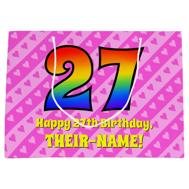 27. Geburtstag: Rosa Streifen & Herz, Regenbogen # Große Geschenktüte (Vorderseite)