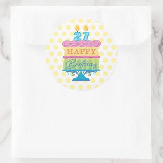 27. Happy Birthday Cake Yellow Dots Runder Aufkleber (Tasche)