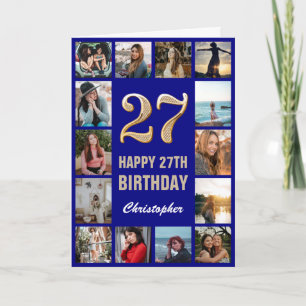 27. Happy Birthday Navy Blue & Gold Foto Collage Karte