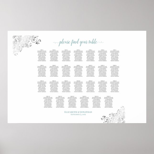 27 Tabelle Frily Wedding Seating Chart Weiß & Aqua Poster (Vorne)