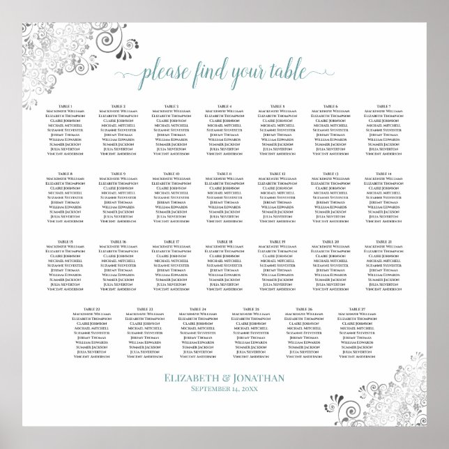 27 Tabelle Frily Wedding Seating Chart Weiß & Aqua Poster (Vorne)