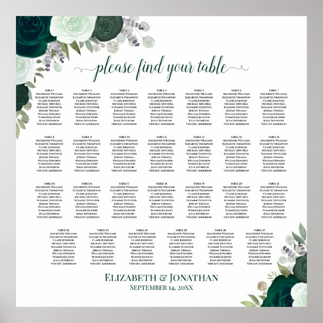 27 Table Emerald Rose Chic Wedding Seating Chart Poster (Vorne)