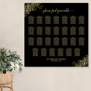 27 Table Wedding Seating Chart Black & Gold Frills Poster