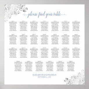 27 Tisch Frilly Wedding Seating Chart White & Blue Poster