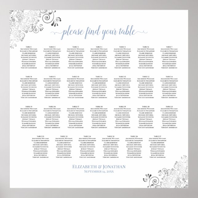 27 Tisch Frilly Wedding Seating Chart White & Blue Poster (Vorne)