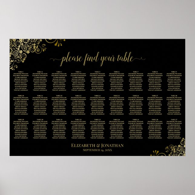 27 Tisch Hochzeitskarte Black & Gold Frills Poster (Vorne)