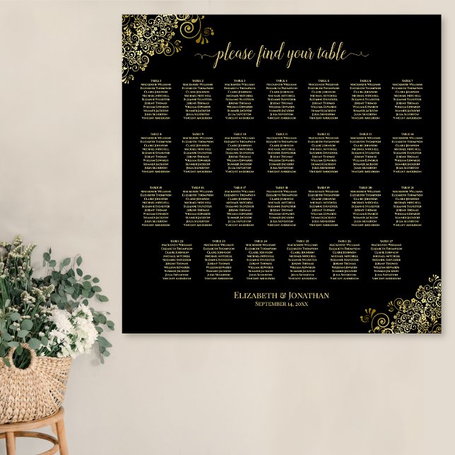 27 Tisch Hochzeitskarte Black & Gold Frills Poster (In Situ on Wall)