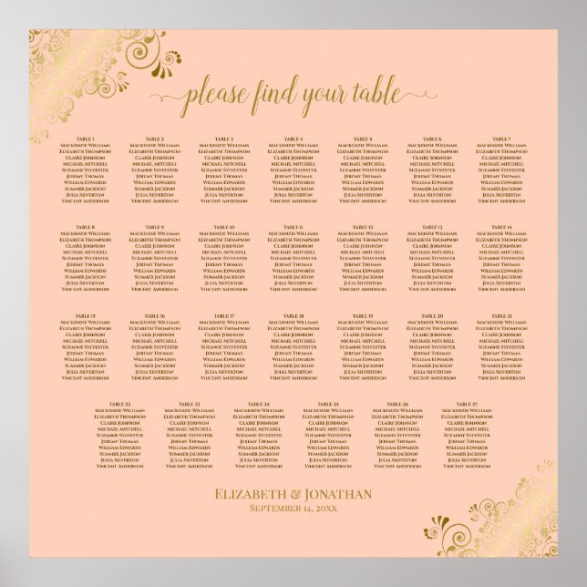 27 Tisch Hochzeitskarte Korallenpfirsich & Gold Poster (Vorne)