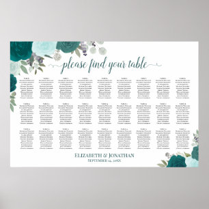 27 Tisch Teal Rosen Elegante Hochzeits-Sitzordnung Poster