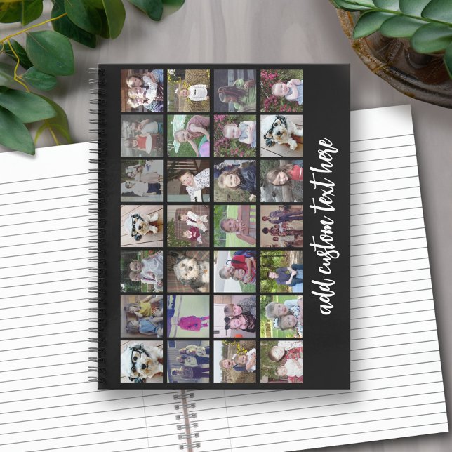 28 Foto Collage Grid - 1 Textfeld - Schwarz-weiß Notizbuch (Personalized Notebook with Custom Text and Photos)
