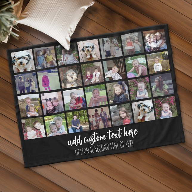 28 Foto Collage Grid - 2 Textfelder - Schwarz-weiß Fleecedecke (Personalized fleece blanket with 28 photos and custom text)