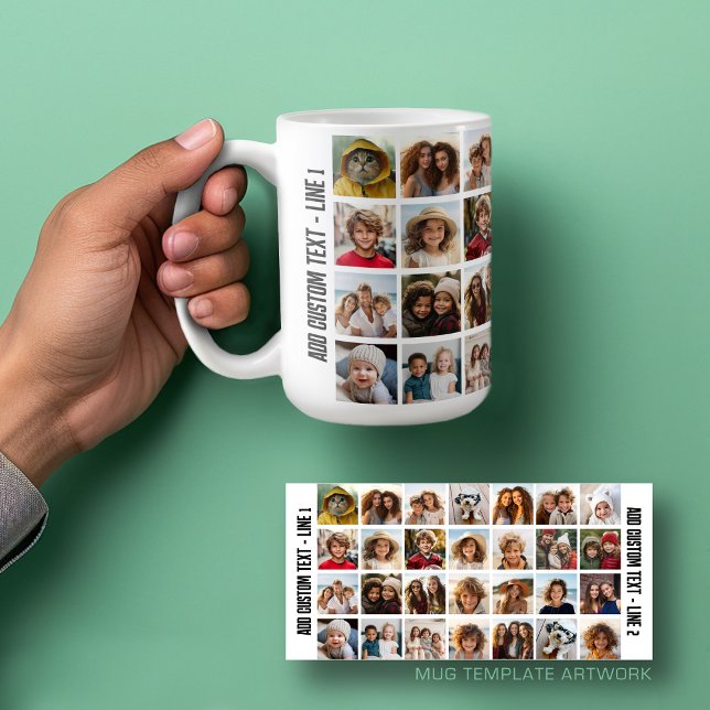28 Foto Collage Grid - Script Text - Schwarz-weiß Kaffeetasse (Personalized mug template with a funky 28 photo collage and custom text)
