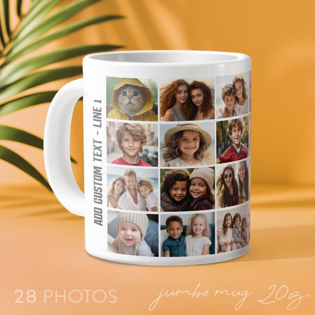 28-Foto-Collage-Raster - Skripttext - schwarz weiß Jumbo-Tasse (Custom Photo Mug with Lots of Photos and 2 Lines of Text on Each Side)