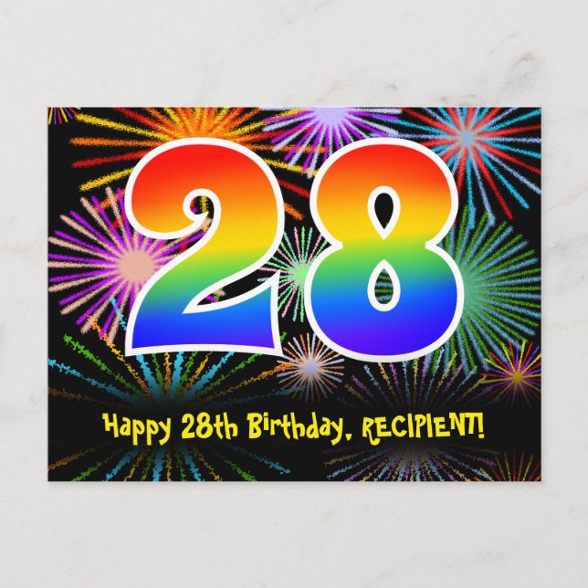 28. Geburtstag - Fun Fireworks Pattern + Regenboge Postkarte (Vorderseite)