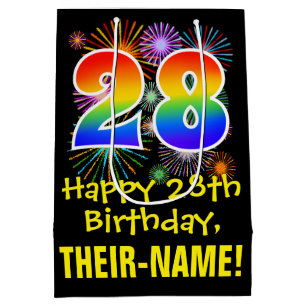 28. Geburtstag: Fun Fireworks Pattern + Regenbogen Mittlere Geschenktüte