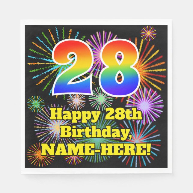 28. Geburtstag: Fun Fireworks Pattern + Regenbogen Serviette (Vorderseite)