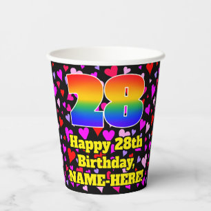 28. Geburtstag: Loving Hearts Pattern, Regenbogen  Pappbecher