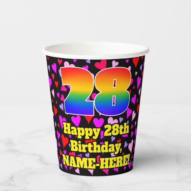 28. Geburtstag: Loving Hearts Pattern, Regenbogen  Pappbecher (Rückseite)
