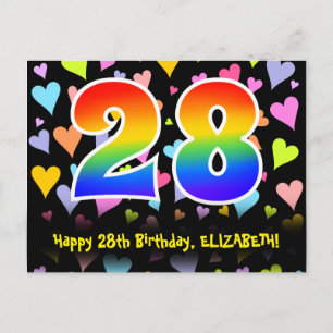 28. Geburtstag: Lustiges Herzen-Muster, Regenbogen Postkarte