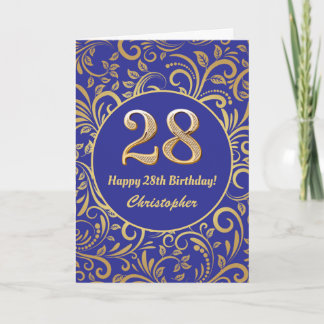 28. Geburtstag Navy Blue and Gold Floral Muster Karte