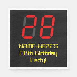 28. Geburtstag: Rote Digitaluhr-Art "28" + Name Serviette