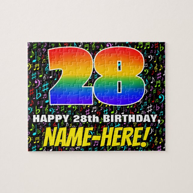 28. Geburtstag — Spaß, farbenfrohe Musiksymbole &  Puzzle (Horizontal)