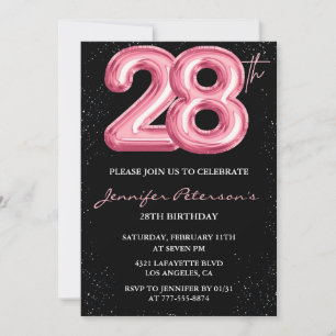 28. Geburtstagseinladungen Pink Balloon Glam Black Einladung