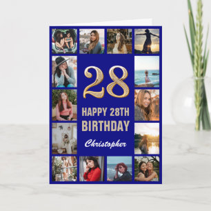 28. Happy Birthday Navy Blue & Gold Foto Collage Karte