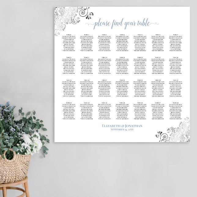 28 Tabelle Frily Wedding Seating Chart White Blue Poster (In situ on Wall)