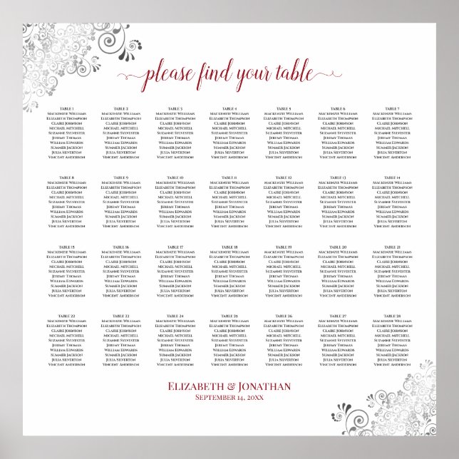 28 Tabelle Frily Wedding Seating Chart White Red Poster (Vorne)