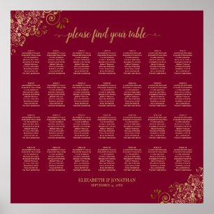 28 Table Burgundy with Gold Frills Seating Chart  Poster