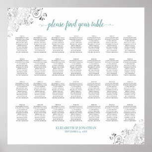 28 Table Frilly Wedding Seating Chart White Teal Poster