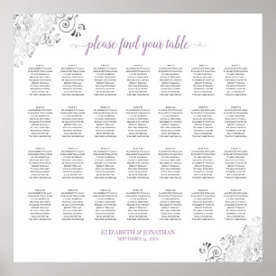 28 Table Lacy Wedding Seating Chart White Lavender Poster