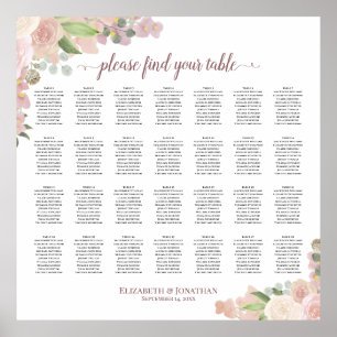 28 Table Rustic Pink Floral Wedding Seating Chart Poster