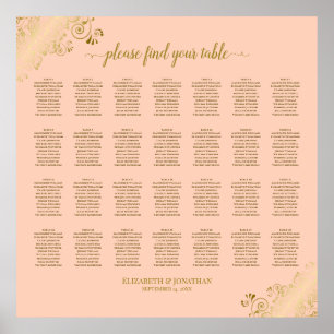 28 Table Wedding Seating Chart Coral Peach & Gold Poster
